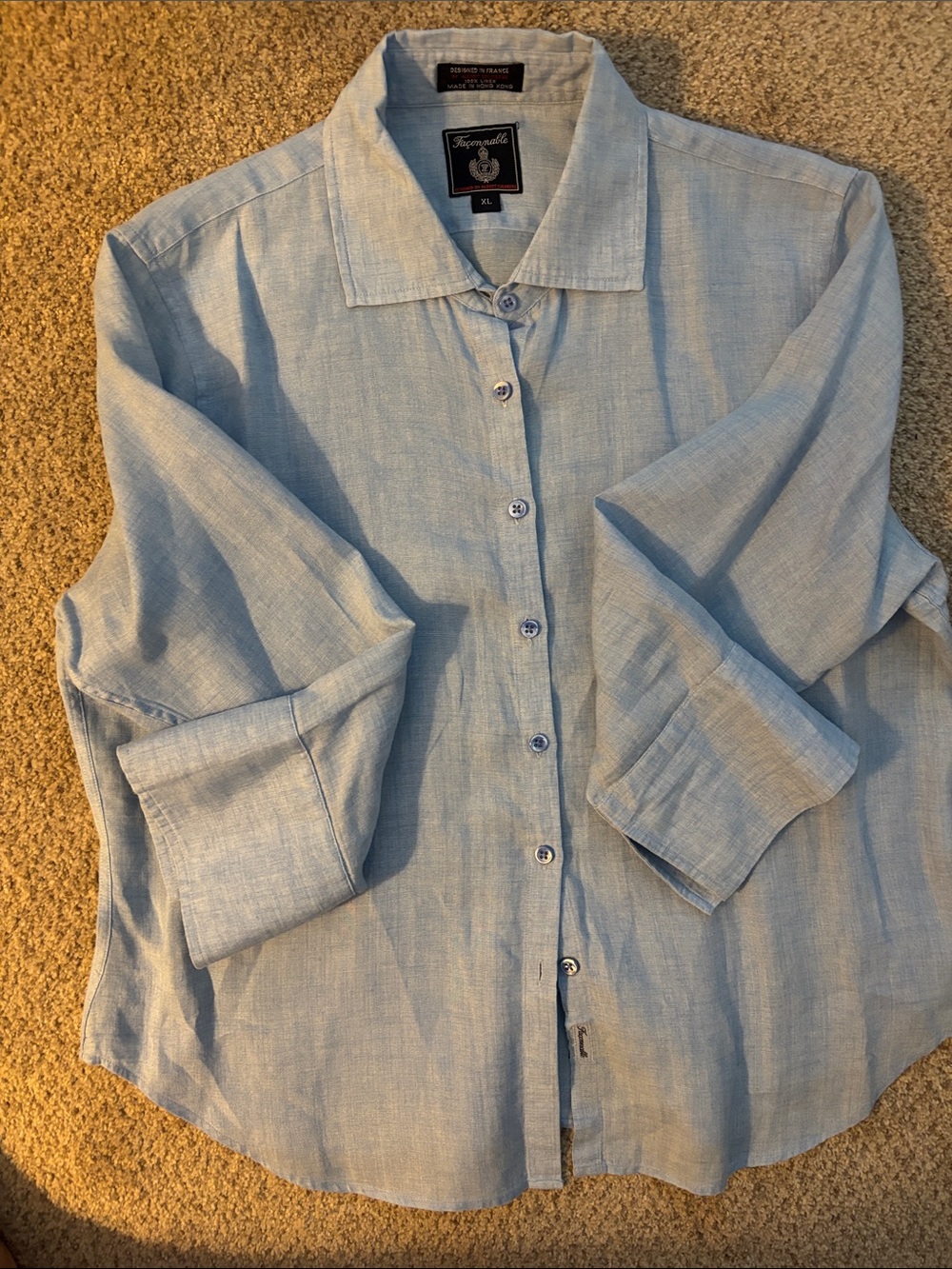 Faconnable - Vintage Light Blue Linen Button-Up Blouse with 3/4 Sleeves